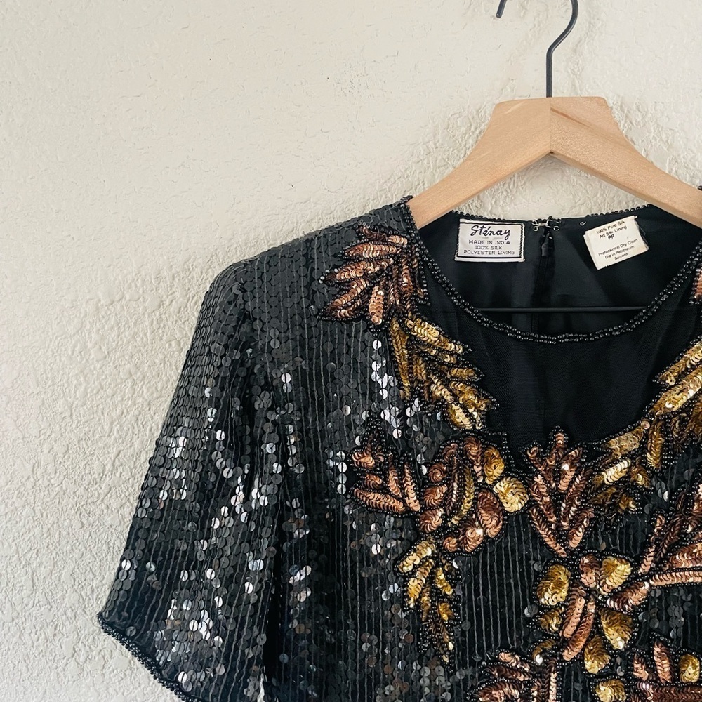 Vintage Stinay 100% Silk Beaded Sequin Top - Picture 2 of 12